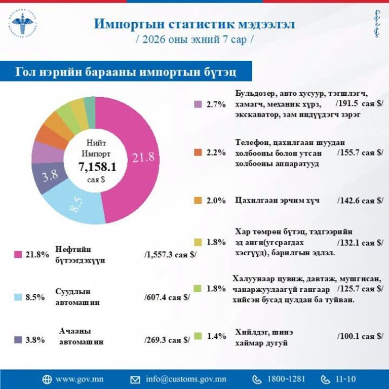 Монгол Улс энэ оны эхний долоон сард 142.6 сая ам.долларын цахилгаан эрчим хүч импортлов